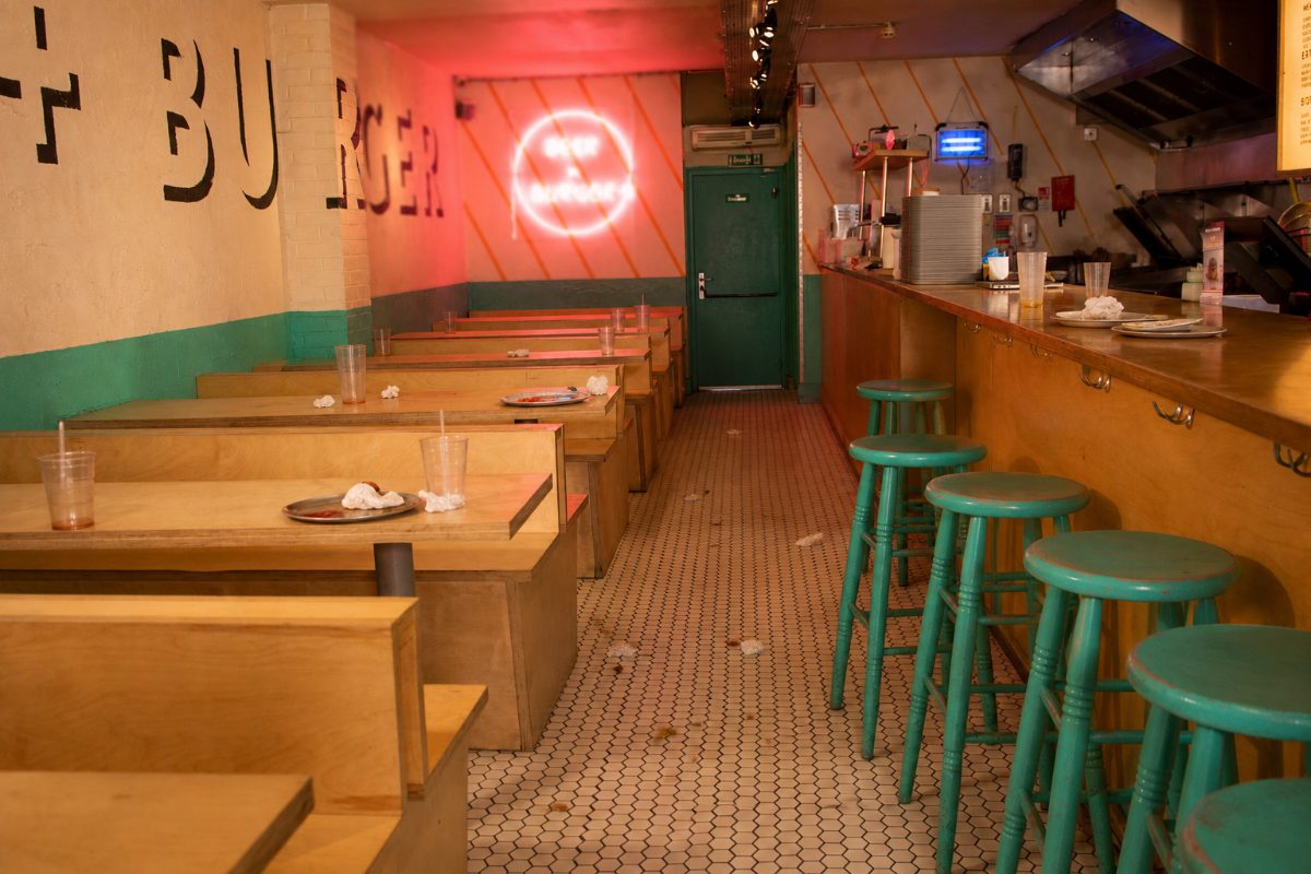 Illustrative restaurant dining area before professional cleaning