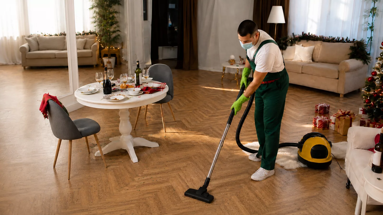 Event cleaning operative vacuuming debris during a post-event clean