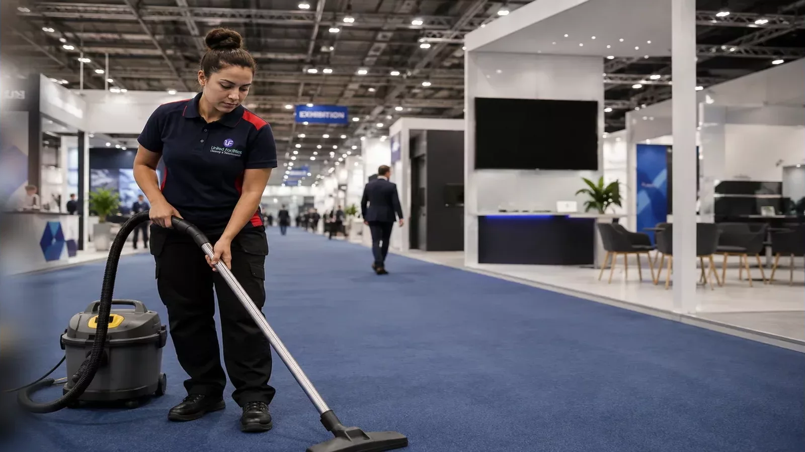 United Facilities operative vacuuming a live exhibition concourse