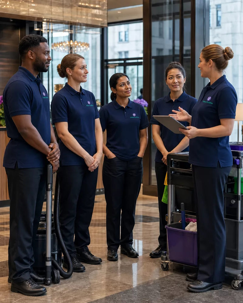 United Facilities hotel cleaning team in branded uniforms attending a pre-shift briefing