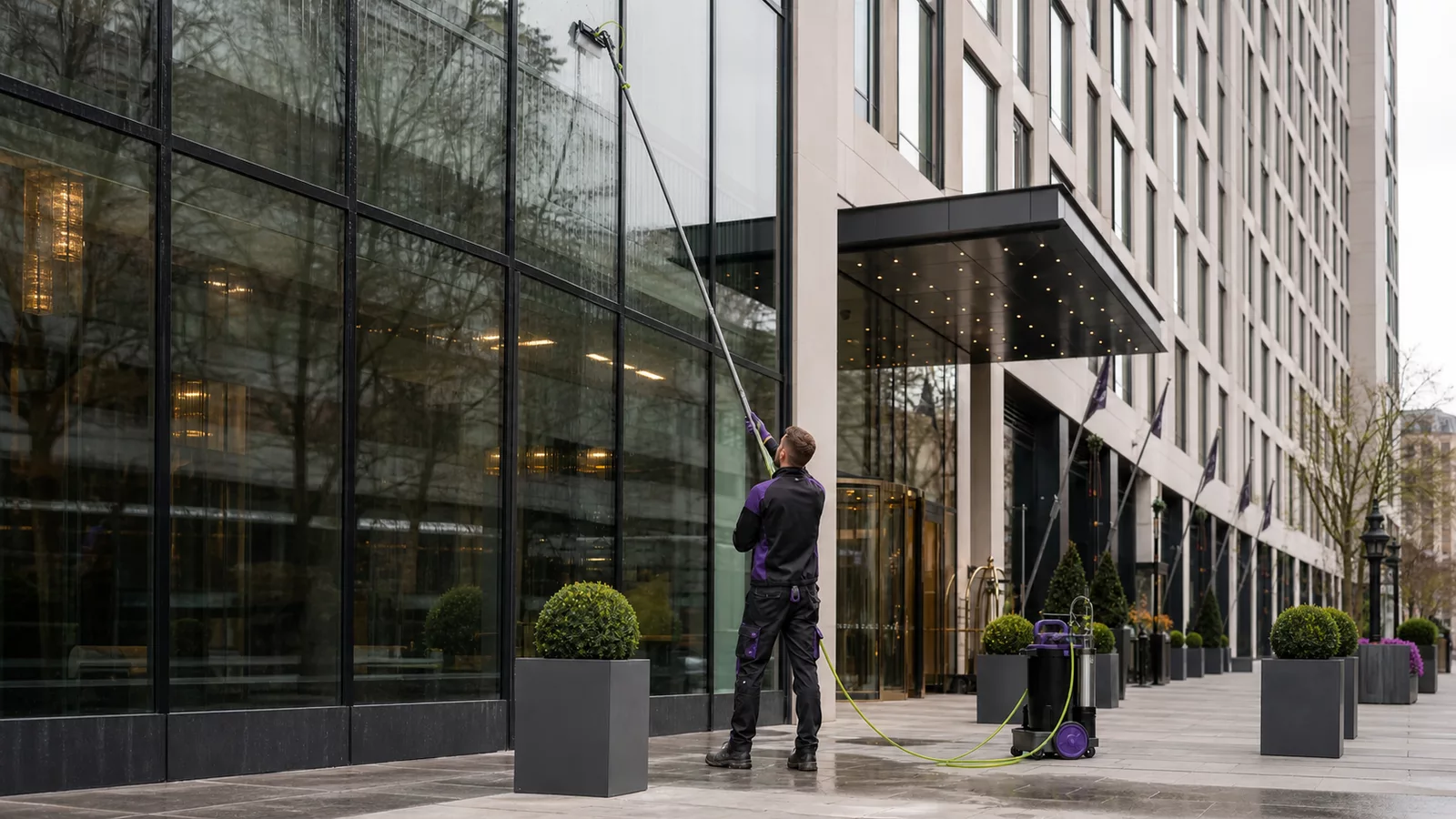 Professional operative cleaning the exterior windows of a modern hotel