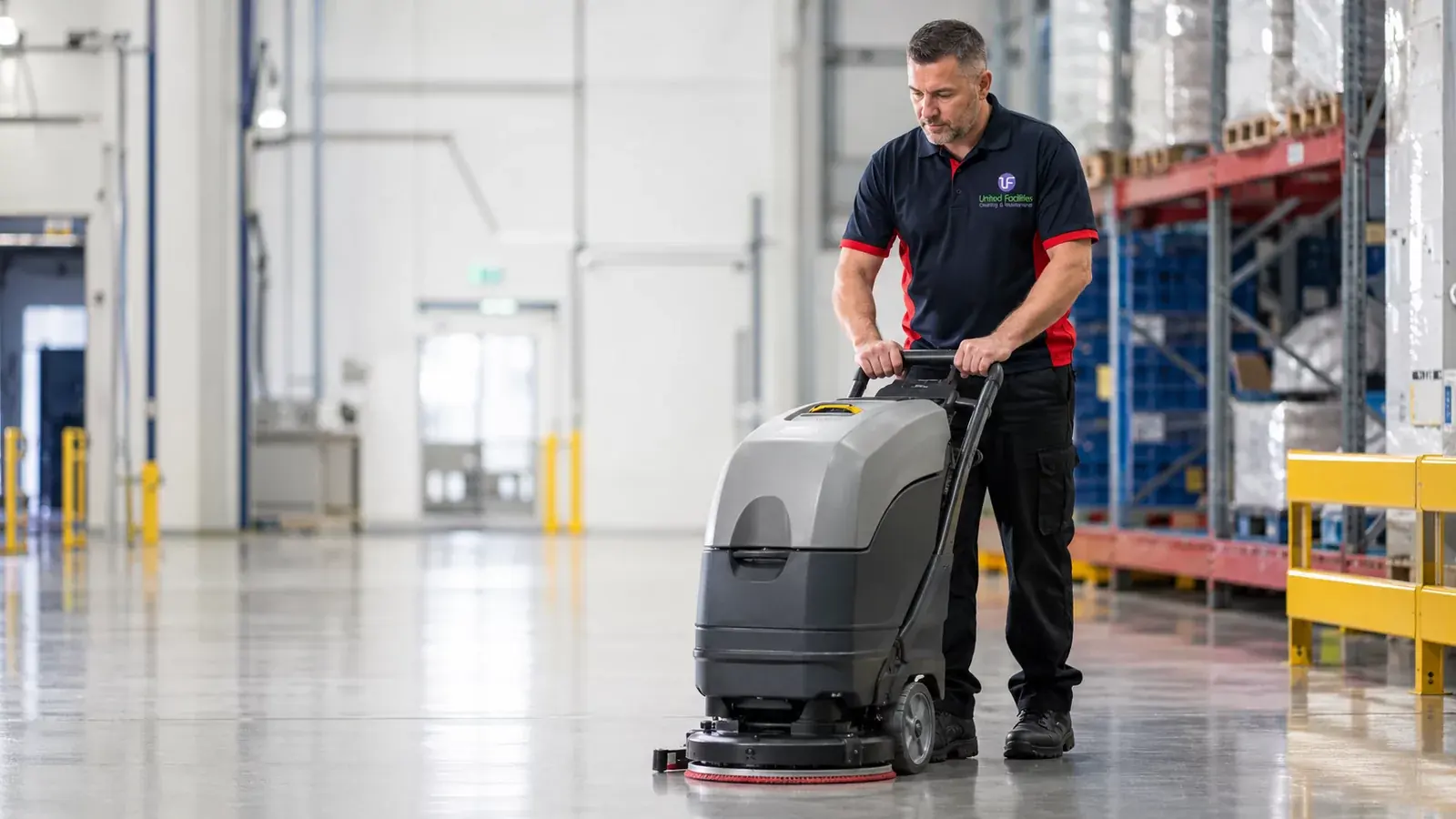 United Facilities operative carrying out ISO-certified warehouse floor cleaning