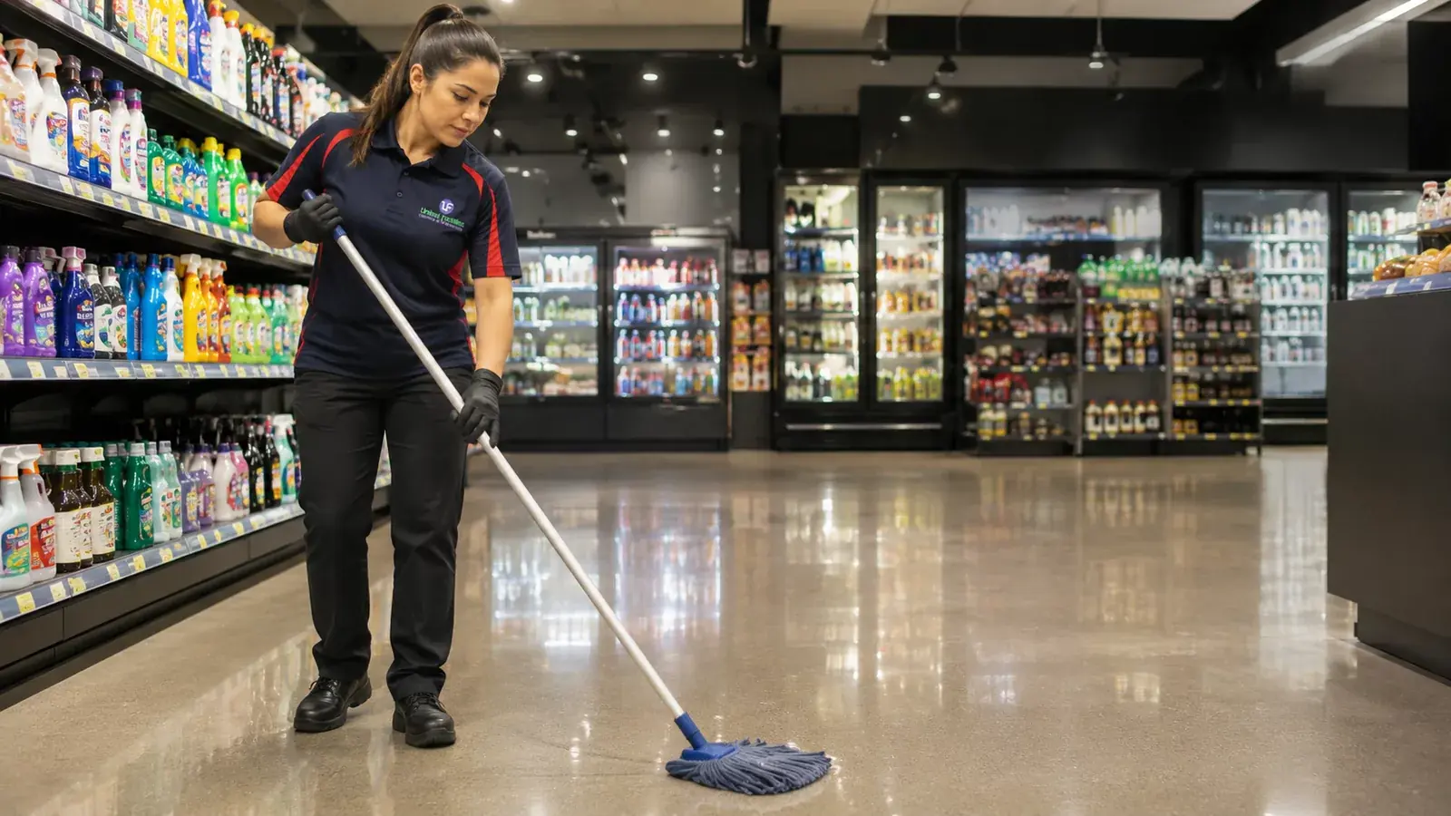 United Facilities operative mopping a polished retail concourse floor